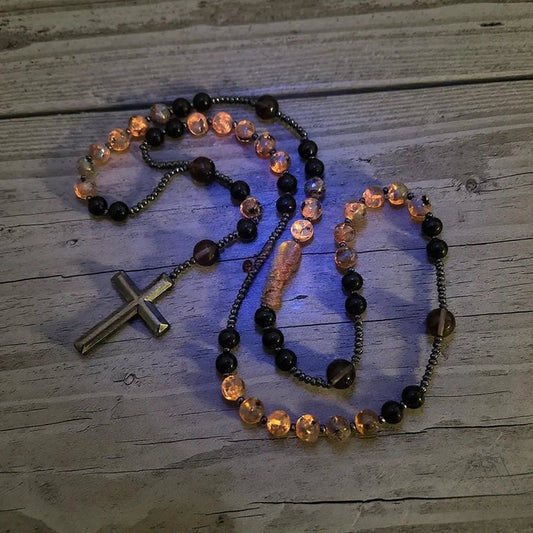 Natural Obsidian Yooperlite Rosary Necklace, UV Reactive Energy Protection Healing Crystal